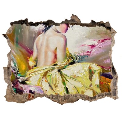 Zelfklevende 3D wandsticker illusie Vrouw in een gele jurk