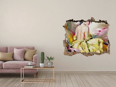 Zelfklevende 3D wandsticker illusie Vrouw in een gele jurk