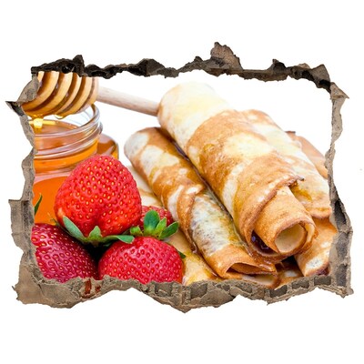 Zelfklevende muursticker 3D gat Heerlijke pannenkoeken met aardbeien