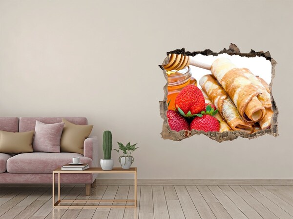 Zelfklevende muursticker 3D gat Heerlijke pannenkoeken met aardbeien
