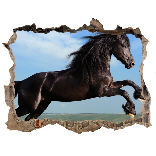Wandsticker 3D doorkijk Een springend paard in een weiland