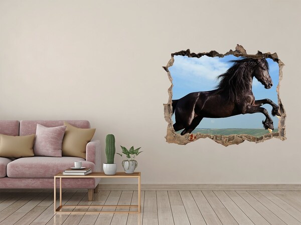 Wandsticker 3D doorkijk Een springend paard in een weiland