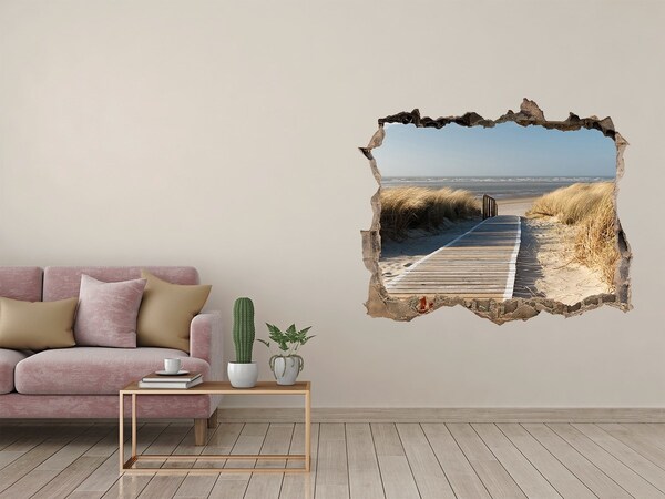 Wandsticker 3D gat met uitzicht Wegwijzer naar het strand