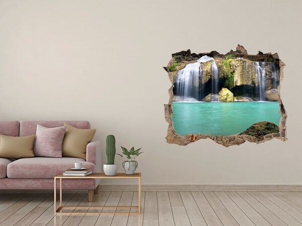 Wandsticker 3D gat met uitzicht Een waterval in een paradijselijke omgeving