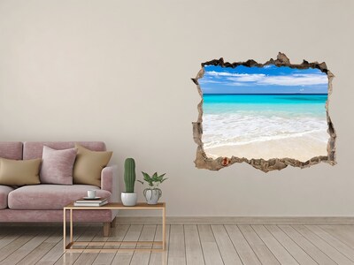 Zelfklevende 3D wandsticker illusie Caribisch strand door een gat in de muur