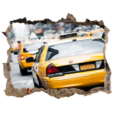 Wandsticker 3D gat met uitzicht New Yorkse taxi's in actie