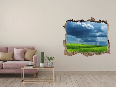 Wandsticker 3D doorkijk Groene weide onder de wolken