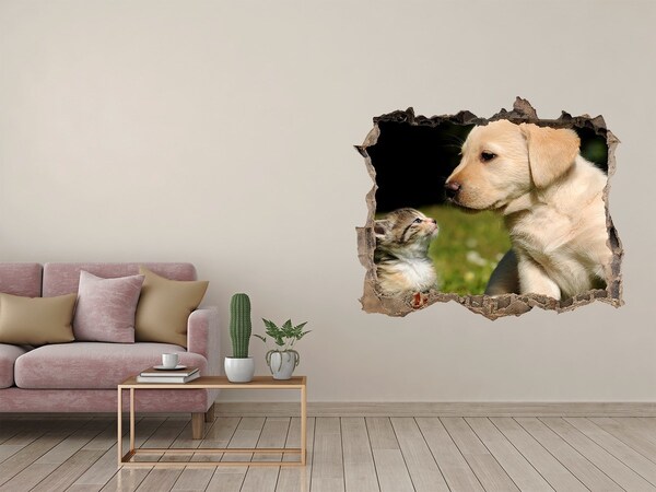 Zelfklevende 3D wandsticker illusie Vriendschap tussen hond en kat