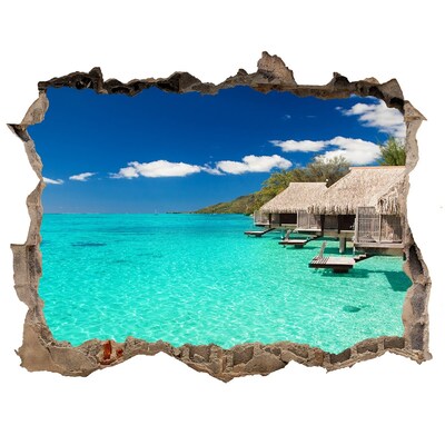Wandsticker 3D gat met uitzicht Paradijselijke lagune tussen de bungalows