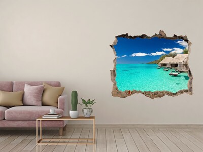 Wandsticker 3D gat met uitzicht Paradijselijke lagune tussen de bungalows