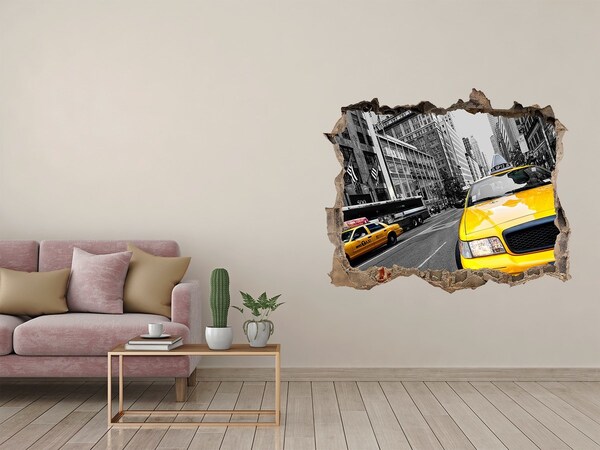 Wandsticker 3D doorkijk New Yorkse taxi's in actie