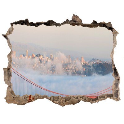 Wandsticker 3D doorkijk De Golden Gate Bridge in de wolken