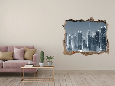 Wandsticker 3D gat met uitzicht De skyline van New York 's nachts