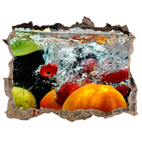 Wandsticker 3D gat met uitzicht Fruitexplosie in het water