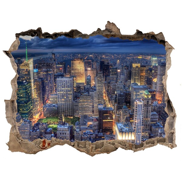 Zelfklevende 3D wandsticker illusie De skyline van New York 's nachts