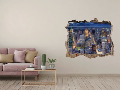 Zelfklevende 3D wandsticker illusie De skyline van New York 's nachts