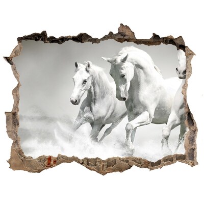 Zelfklevende 3D wandsticker illusie Witte paarden galopperen
