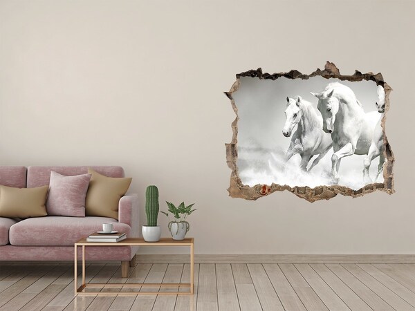 Zelfklevende 3D wandsticker illusie Witte paarden galopperen