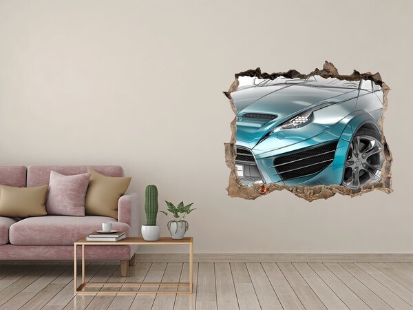 Wandsticker 3D gat met uitzicht Sportwagen in een gat in de muur
