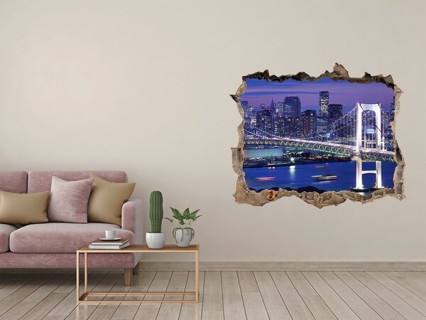 Wandsticker 3D gat met uitzicht De brug in het nachtlicht