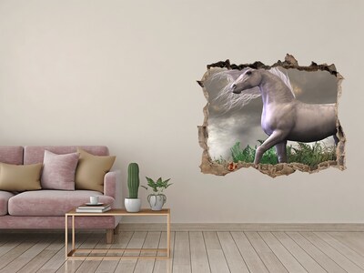Wandsticker 3D gat met uitzicht Een mythisch paard in een magisch landschap