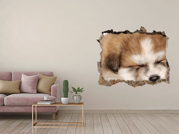 Wandsticker 3D doorkijk Schattige puppy in een gat in de muur