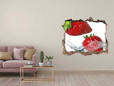 Wandsticker 3D gat met uitzicht Sappige aardbeien in water