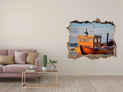 Zelfklevende 3D wandsticker illusie Een baai met een vissersboot