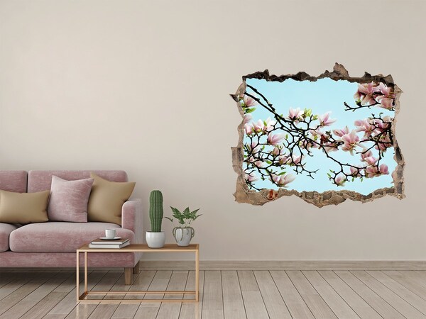 Wandsticker 3D doorkijk Lentemagnolia's in een blauwe lucht