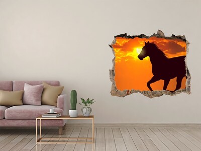 Zelfklevende muursticker 3D gat Paard bij zonsondergang