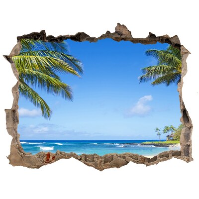Wandsticker 3D doorkijk Caribisch strand door een gat in de muur