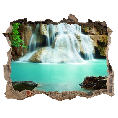 Wandsticker 3D gat met uitzicht Een waterval in een tropisch paradijs