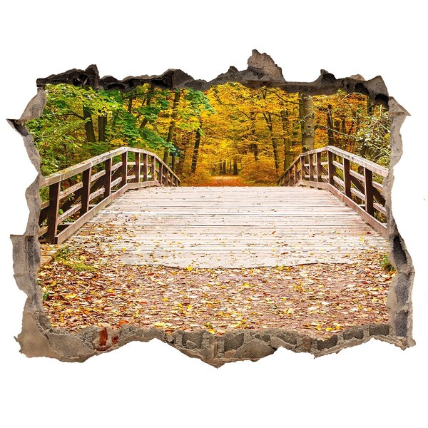 Zelfklevende muursticker 3D gat Een brug in een herfstbos.