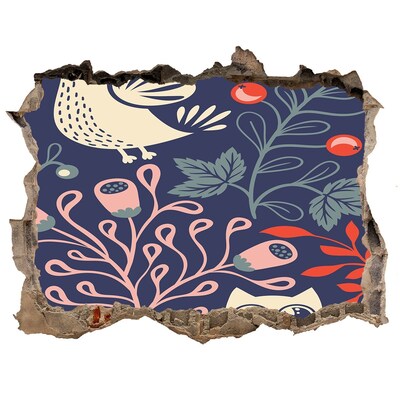 Wandsticker 3D gat met uitzicht Bloemenpatroon met uilen
