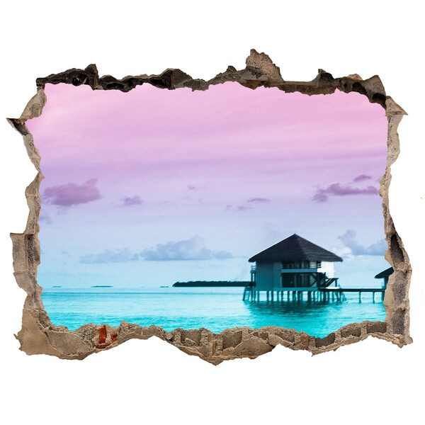Wandsticker 3D gat met uitzicht Een tropische oase aan het water