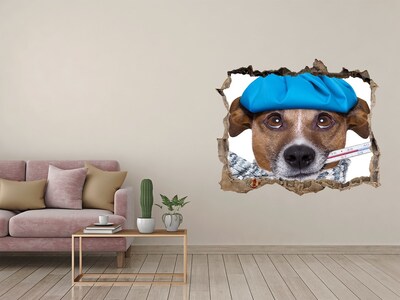 Wandsticker 3D gat met uitzicht Zieke hond met een hoed