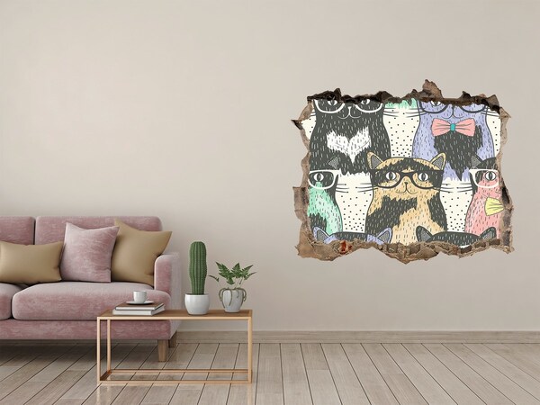 Zelfklevende muursticker 3D gat Katten met een bril