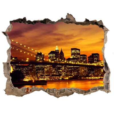Wandsticker 3D gat met uitzicht De skyline van New York bij zonsondergang