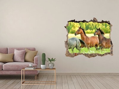Zelfklevende muursticker 3D gat Rennende paarden in de natuur