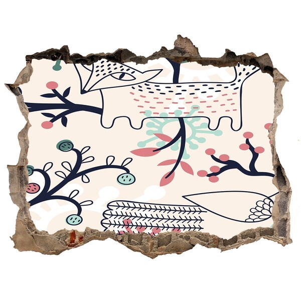 Wandsticker 3D gat met uitzicht Bloemenpatroon met elementen uit de natuur.