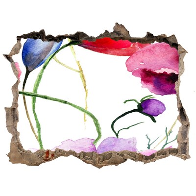 Wandsticker 3D gat met uitzicht Bloemenlandschap door een gat in de muur