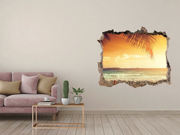 Zelfklevende 3D wandsticker illusie Tropisch strand bij zonsondergang