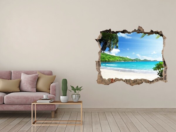 Wandsticker 3D gat met uitzicht Caribisch strand door een gat in de muur