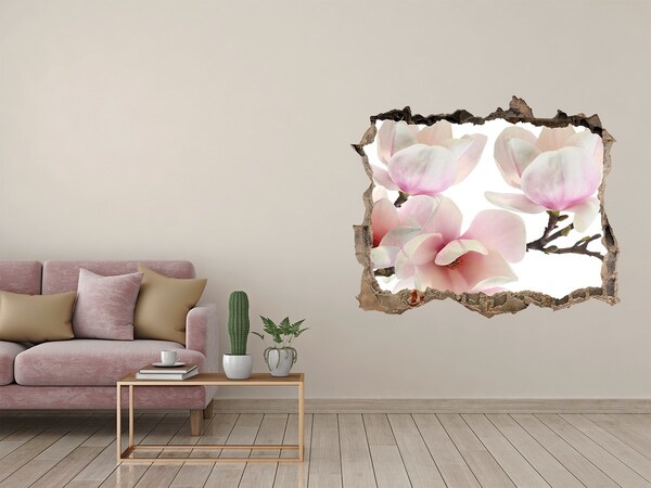 Zelfklevende muursticker 3D gat Magnoliabloemen door een gat in de muur