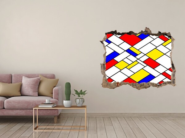 Wandsticker 3D gat met uitzicht Abstract patroon in de stijl van Mondrian.