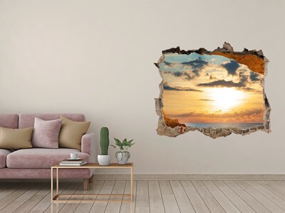 Wandsticker 3D gat met uitzicht Zonsondergang boven de zee