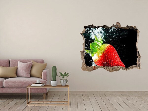 Wandsticker 3D gat met uitzicht Aardbei in water