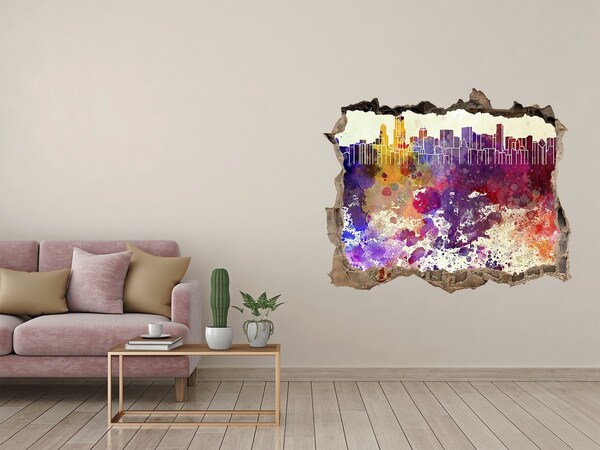 Zelfklevende 3D wandsticker illusie Stadsgezicht in een kleurrijk gat
