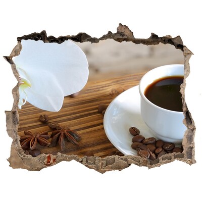 Wandsticker 3D doorkijk Koffie met orchideebloem