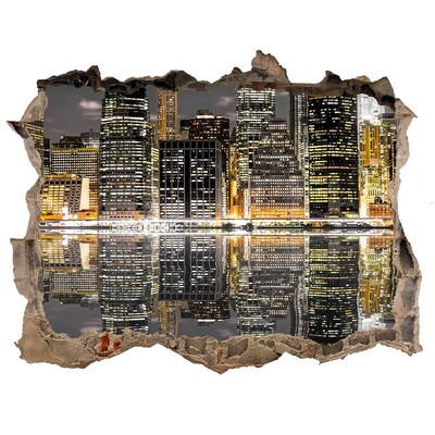 Zelfklevende 3D wandsticker illusie Uitzicht op de stad 's nachts